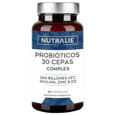 Probióticos y Prebióticos Intestinales [30 CEPAS PREMIUM] 264 Mil Millones de UFC Garantizados x Dosis | Mejora Defensas y Flora Intestinal | Biprotics 30 Cepas Complex | 60 Cápsulas Nutralie