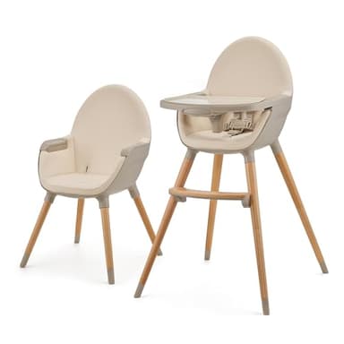kk Kinderkraft FINI 2 Trona bebé 2 en 1, Silla Infantil, Trona portatil, Patas de Madera, Bandeja Ajustable, Fácil de limpiar, para niños, Beige