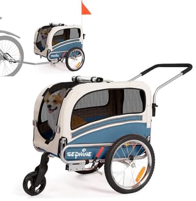 Sepnine Remolque Bicicleta Perros Carro Cochecito para Transporte Mascota 2 En 1 Convertible En Carro para Correr con Barra Y Kit De Footing Azul
