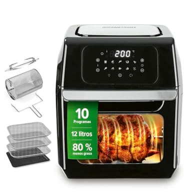 GOURMETmaxx Digital Hot Air Fryer 12 L, Horno XXL, Negro | Airfryer + temporizador, pantalla táctil, espetón giratorio | freír con poca grasa, ahorro de energía | 10 programas incl. pizza | 1800 W