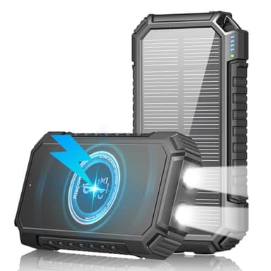 Cargador Solar 26800mAh Batería Externa: Riapow Power Bank con 4 Salidas Carga Rápida USB C PD 3.0 Cargador Portátil Inalámbrico con Linterna LED para Teléfono, Tabletas y Camping (Negro)