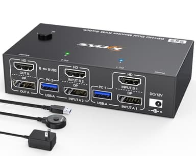 4K@144Hz HDMI+Displayport KVM Switch 2 PC 2 Monitor 8K@60Hz, MLEEDA USB 3.0 Dual Monitor KVM Switch con 4 puertos USB 3.0 para impresora de teclado y ratón,fuente de alimentación de 12V y cable USB