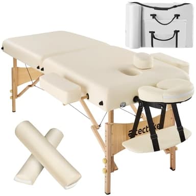 tectake® Camilla Masaje Plegable de Madera, Camilla Profesional Bizona para Fisioterapia, Quiromasaje, Tatoos, Reiki, Camilla Estética Profesional Ajustable, Con Bolsa Transporte y Cojines - beige