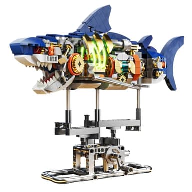 INSOON Juego de construcción de tiburón mecánico con luz LED, 687 piezas de animales oceánicos móviles con soporte de exhibición, juguete de bloque de construcción de peces de mar, regalo de