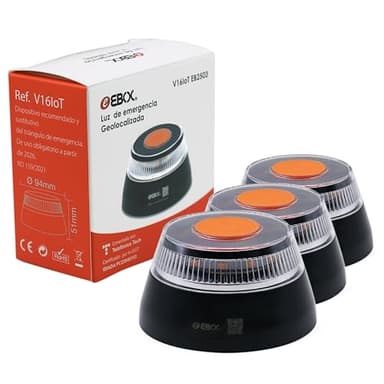 HIBRON EBOX Luz Emergencia V16 Homologada DGT con Geolocalización, Baliza Coche Conectada DGT 3.0, Datos Incluidos hasta 12/2038, Pack 3 Unidades