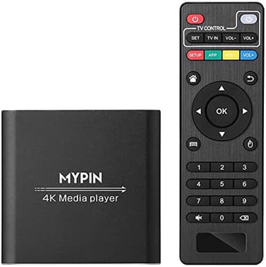 Reproductor Multimedia 4K, MYPIN Media Player con Control Remoto para Disco Duro de 8TB/Unidad USB/Tarjeta TF/H.265 MP4 PPT MKV AVI Admite Salida HDMI/AV/Coaxial-HDMI hasta Sonido Envolvente 7.1