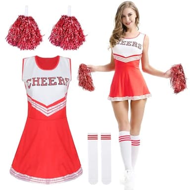 DAZZTIME Disfraz de Animadora Mujer Adulta,Disfraz de Animadora para Mujer Talla-M,Uniforme de Cheerleader,con Pompones y Calcetines,Disfraz Carnaval para Halloween y Fiestas de Disfraces.