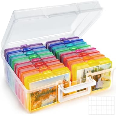 FAMKEEP Caja de Almacenamiento para Fotos,16 Cajas para Fotos Colores,Caja de Almacenaje Fotos con Una Etiqueta Adhesiva,Organizador de Plástico para Organizar Fotografías,Sellos,Joyas,Semillas