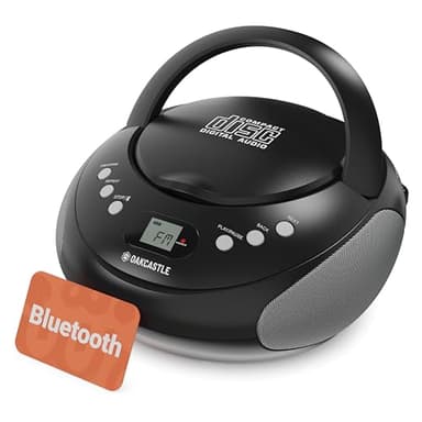 Boombox CD Bluetooth portátil con Radio FM | CD, CD-R, CD-RW | 30 presintonías | Controles Sencillos, Pantalla LED, Toma de Auriculares | OAKCASTLE CD250 (Negro)