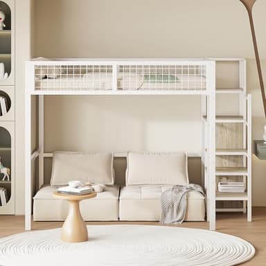 Idemon Cama alta de 140 x 200 cm con escalera, cuna con marco de hierro y estante de almacenamiento, armario, camas para adolescentes, camas para adultos (blanco)
