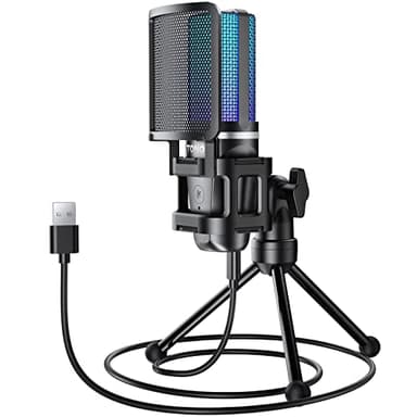 TONOR RGB Micrófono para PC, USB Mic de Condensador para Streaming y Gaming, Patrón Polar Cardioide para Podcast y Youtube, Set de Micro con Botón de Silencio, 3.5mm Jack, Trípode, TC777 Pro
