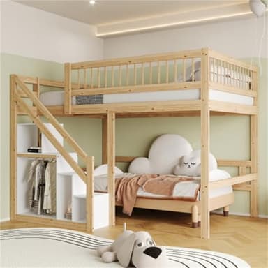 Cama Alta Escalera con Armario de almacenaje Cuna Estructura Madera Maciza Cama Individual para Adolescentes Cama Juvenil con protección contra caídas Familiar Cama de Invitados Color Madera 140x200