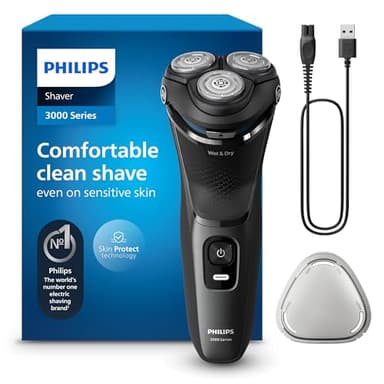 Philips Serie 3000 Afeitadora Eléctrica Hombre, Máquina de Afeitar Barba con Cortapatillas, 27 cuchillas, Cuida la piel, 60min de uso, En Seco y Húmedo, Recargable, S3145/00, Luna