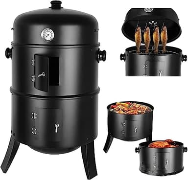 Barbacoa Ahumador, Barril Para Ahumar, Horno Para Ahumar, 3 en 1 Barbacoa Smoker, Parrilla con Termómetro Integrado y Enganchados, Para Ahumar, Asar a la Parrilla y Cocinar