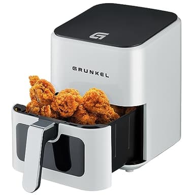 Grunkel - Freidora aire - Air Fryer - 4 Litros y 7 programas. WEF. Panel de control digital Multifunción y ventanal visualización retroiluminada. Temporizador 60 minutos - Freidora sin aceite (Blanco)
