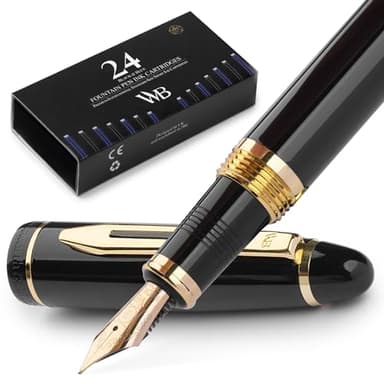 Wordsworth & Black Pluma estilográfica Majesti-(Negro), Estuche de lujo, Punta fina dorada de 18K- Cartuchos de tinta, Convertidor de tinta recargable- Pluma de caligrafía