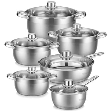 Velaze Juego de ollas de inducción, juego de ollas de inducción, 12 piezas de ollas y sartenes de acero inoxidable, sartén con tapa de cristal, juego de ollas aptas para todo tipo de cocinas, sin