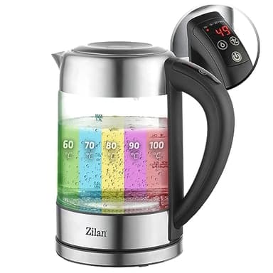 Zilan - Hervidor de agua de cristal LED, pantalla digital, 1,7 l, 5 ajustes diferentes, hervidor inalámbrico con cuerpo de vidrio de borosilicato de 360°, 2200 W