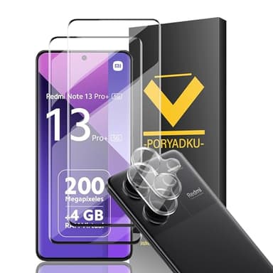 Protector de Pantalla para Xiaomi Redmi Note 13 Pro Plus /13 Pro+ 2 Piezas + Protector de Lente de Cámara 2 Piezas, 3D Cobertura Completa, Anti-Scratch, Sin Burbujas, HD TransparenteVidrio Templado