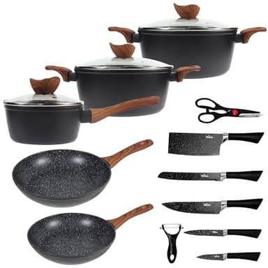 La Moustache - Batería de Cocina de Aluminio con Antiadherente | 8 Piezas Callao + 5 Cuchillos Inoxidables con Pelador de Verduras y Tijeras, Ollas/Sartenes para Todas las Cocinas, Incluso Inducción