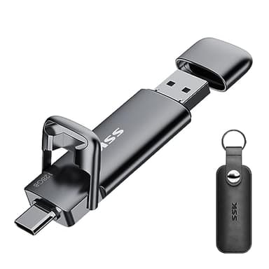 SSK SSD Externo portátil de 128GB hasta 550MB/s de Lectura, Unidad de Estado sólido Doble USB 3.2 Gen 2, Adaptador USB A + Tipo C 2 en 1 para computadora portátile Tableta MacBook Pro Air Plus y más