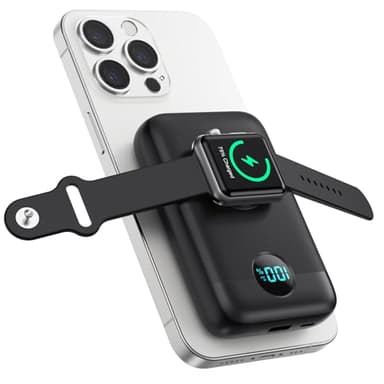 Power Bank Magnético para MagSafe, 4-in-1 10800mAh Bateria Externa Inalámbrica QC4.0+PD 22,5W USB C Carga Rapida Bateria Portatil con Pantalla LCD para Apple Watch/iPhone 16/15/14/13/12 Series