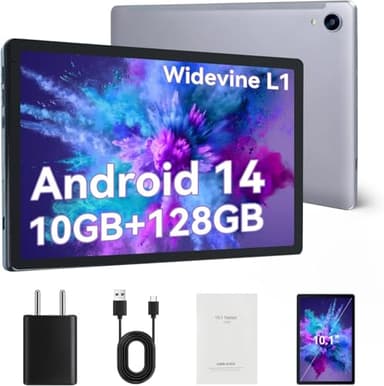 FECLYDET Tablet 10 Pulgadas, Android 14 Octa-Core con 10GB RAM+128GB ROM(1TB TF), Widevine L1,Bluetooth 5.0, Cámara Dual, 5000mAh, WiFi6 (Gris)