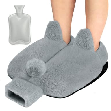 AFXXE Calienta Pies Sin Electricidad,36x30cm Calentador de Pies Para Invierno,Calentador Pies para Mujeres y Hombres, 2L Bolsas Agua Caliente Lavable,Warm Zapatillas Pies Calientes(Gris Claro)