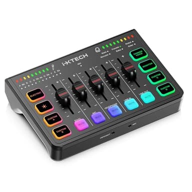 IXTECH Mezclador de audio para videojuegos, placa de sonido de 4 canales, interfaz de audio RGB para PC, con soporte de micrófono XLR, ecualizador de audio para gaming, podcast streaming karaoke,