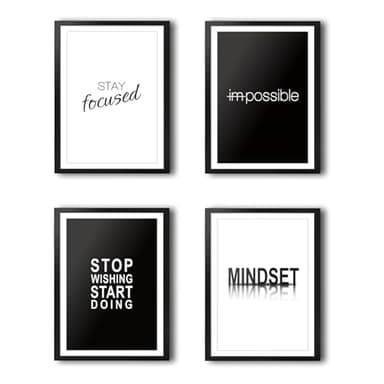 VON STEINEICH® Motivation Bilder Set [Schwarz Weiß] Moderne Wandbilder DIN A4 - Motivationsbilder für das Büro & Home Gym - Bilder mit Sprüchen für Hustlers Mindset - 4er Posterset ohne Bilderrahmen