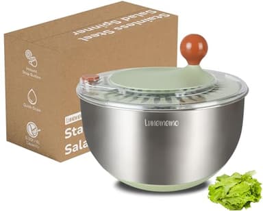 Lunememo Centrifugador Lechuga Acero Inoxidable, Escurridor Ensalada con Salida de Drenaje, Base Antideslizante, Botón de Parada, Sin BPA, 5L