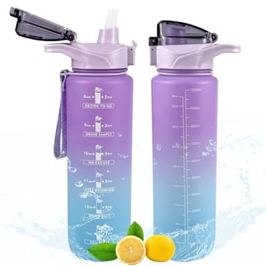 1L Botella Agua Gimnasio con Pajita, Antiderrame Botella de Agua Deportiva, Cantimplora sin BPA con Marcador de Tiempo, Botella Agua Niños, Water Bottle para Oficina, Escuela,Gimnasio, Bicicleta