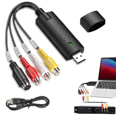 Convertidor VHS a Digital, Capturadora de Video de Audio y Video USB 2.0, VHS to Digital Converter, Conversor VHS a Digital con Adaptador para VHS/VCR/TV A DVD para Windows 11/10/8/7/Mac, Negro