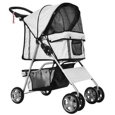 PawHut Cochecito Plegable Mascotas Carrito para Perros Gatos con Cuatro Ruedas Cesta de Almacenaje Ventanas y Portavasos Tela Oxford Marco de Acero 75x45x97 cm Gris