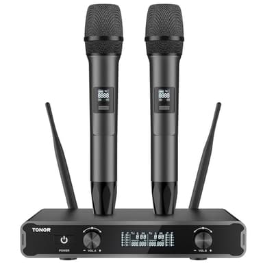 Micrófonos inalámbricos, TONOR Micro de Mano Doble Dinámico, Karaoke Sistema de Mic con Receptor para Karaoke, KTV doméstico, DJ, Boda, Fiesta, Iglesia, 2x5 UHF Frecuencias Ajustables, 60M TW450 Gris