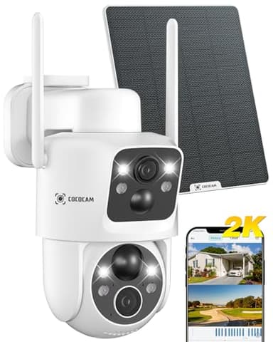COCOCAM 2K Camara Vigilancia WiFi Exterior Solar con Lentes Duales PIR, Sin Cable, Batería 10000mAh, 355°P 90°T, Análisis de IA, Panel Solar 6W, IP66