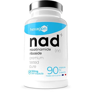NAD+ Nicotinamide Riboside Chloride 300mg - +3 Meses de Cura - Contra la Edad y la Fatiga, NAD Booster - Polvo Puro, 90 Cápsulas - Grado Farmacéutico - Vegano - Hexagon
