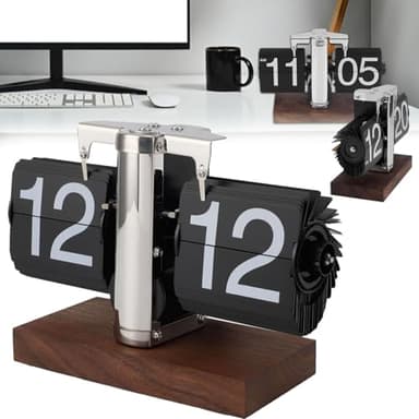 Flip Clock, Reloj Con Tapa Reloj Mesa Con Tapa Reloj Escritorio Digital Retro 24 Horas Perilla Abatible Mecánica Automática Con Base Madera Nogal Acero Inoxidable 304 Funciona Con Pilas (No Incluidas)