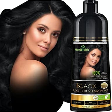 Herbishh Champú para teñir el cabello con canas–Champú para teñir el cabello natural–Colorea el cabello en minutos–Color de larga duración–500 ML–Color de cabello 3 en 1–Sin amoníaco (Negro)