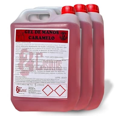 3 Garrafas de Jabón de Manos Caramelo 5 Litros · Gel para todo tipo de Dispensadores Pack ahorro ·Jabón Líquido de Manos Hidratante Caramelo· Especial para Uso Industrial
