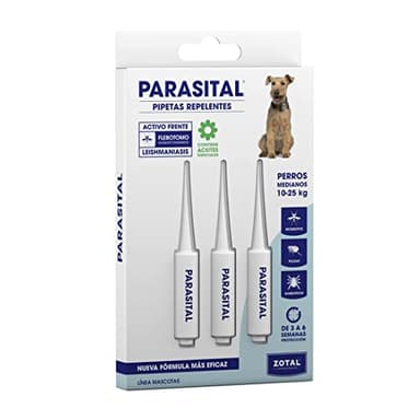PARASITAL® Pipetas Antiparasitarias para Perros Medianos de 10 a 25 kg- Pack de 3 x3ml de Zotal - Activo contra Mosquitos, Pulgas y Garrapatas - Repelente 100% Natural