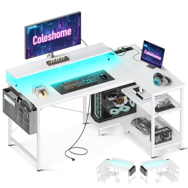 Coleshome Escritorio Gaming con LED, 120x80cm Escritorio Esquina con Estantes Reversibles, Mesa Gaming en L con Tomas de Corriente y USB Mesa de Juegos con Soporte Monitor Gamer Hogar Oficina, Blanco