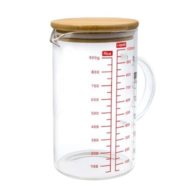 Vaso Medidor Cocina, Shodiffy 1 Litro Vaso Batidora de Mano con Tapa de Madera Jarra Medidora Cristal con Escala para Líquidos, Azúcar y Hari