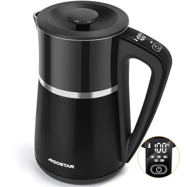 Aigostar Alva - Hervidor agua electrico control temperatura, Acero Inoxidable, 40°C a 100°C, Doble Pared, LED Indicador Digital, Silencioso, Función de Mantenimiento Del Calor, 1,7L, 2200W, Negro