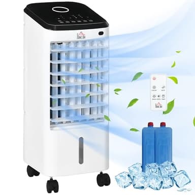 HOMCOM Climatizador Evaporativo Bajo Consumo 3,5L 3 en 1 Humidificador Ventilador 65W Pantalla LED Control Remoto Temporizador Oscilación 3 Velocidades 3 Modos 24,5x27x60 cm Blanco
