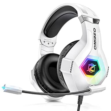 Cascos Gaming con Micrófono Suave, Luz RGB, Sonido Envolvente Claro, Orejeras Ligero Cómodo Ajustable, Auriculares Gaming Blanco para Ps5 Ps4 PC Xboxone/X/S Switch Tableta Laptop