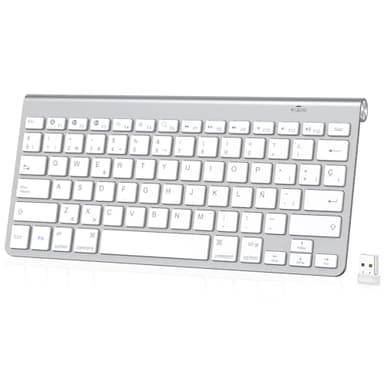 PINKCAT Teclado Inalámbrico, Teclado Bluetooth & 2.4G Diseño QWERTY español Compacto con Teclas Multimedia para PC, portátil, Ordenador portátil, Windows (Plata)