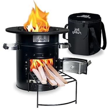 grillart® Estufa de cohetes para exteriores Powertrain (con bolsa de transporte), color negro – estufa de leña eficiente como estufa de camping para horno holandés y sartenes – especialmente
