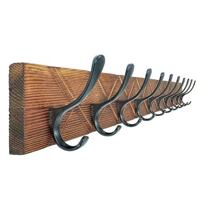 SKOLOO Perchero de pared de madera antigua tallada en X, gancho para abrigos de pared con 10 ganchos para colgar abrigos, sombreros, ropa, bufandas, marrón y negro