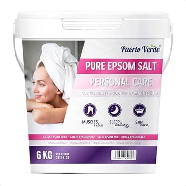 Puerto Verde • Sal de Epsom Pura 6 Kg. Fuente Concentrada de Magnesio. Sal de Baño y Cuidado Personal. Sales Epsom de Rápida Disolución para Relajación Muscular y Buen Sueño. Producción Española.